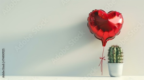 Red heart-shaped balloon tied to a cactus pot. contrasting objects creating a minimalist style photo. perfect for themes of love and difference. AI