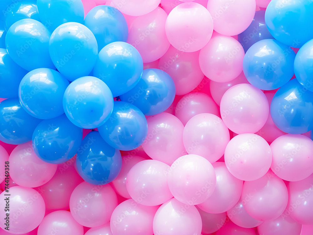 Background with pink and blue balloons for gender party. Copy space