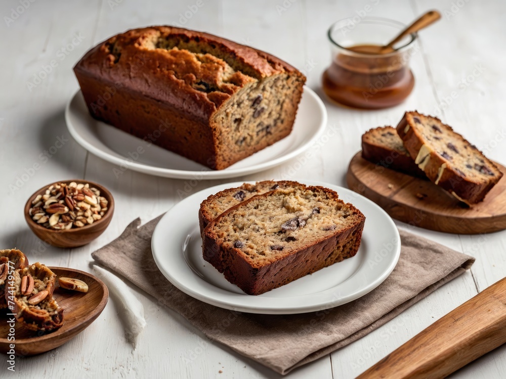Delicious banana bread served on wooden table on black background. Uniform white background. Yummy banana bread against different backgrounds Delicious banana bread served on wooden table on black background. Uniform white background. Yummy banana bread against different backgrounds