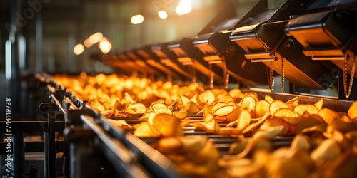 Efficient assembly line packages potato chips for snack distribution in factory. Concept Assembly Line Efficiency, Snack Packaging, Potato Chips, Factory Operations, Distribution Management photo