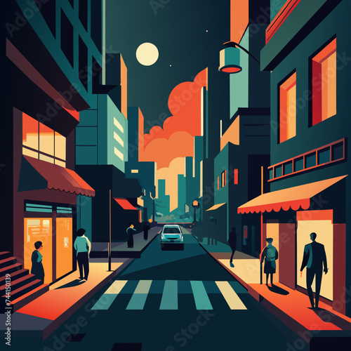 A surreal interpretation of a bustling city street at night. vektor illustation