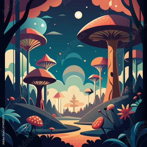 A psychedelic interpretation of a forest filled with magical creatures. vektor illustation