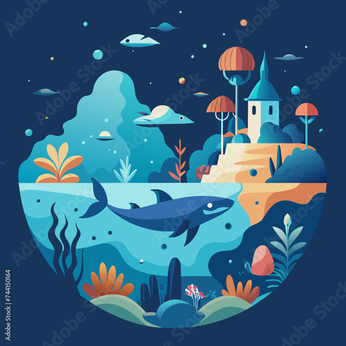 A whimsical underwater scene populated by fantastical sea creatures. vektor illustation