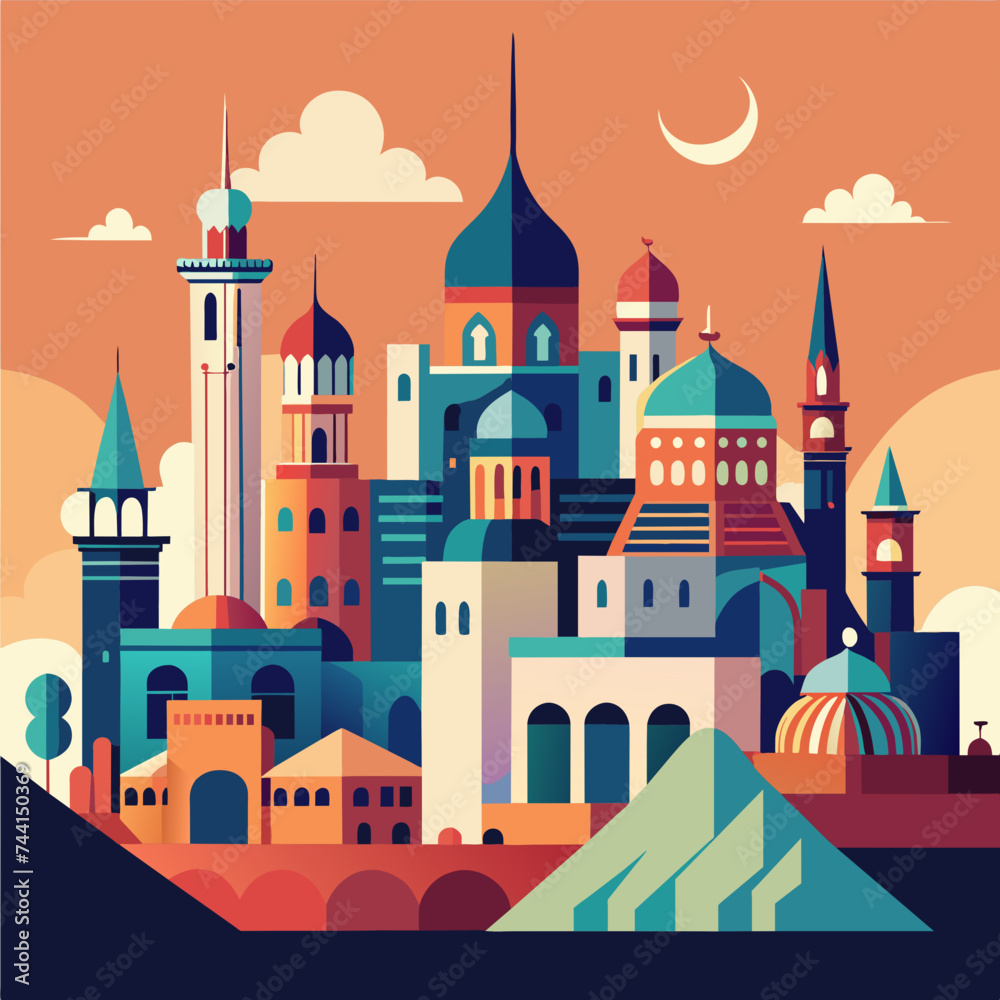 A whimsical cityscape composed of overlapping buildings and landmarks. vektor illustation