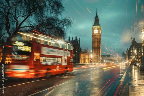 As the double decker bus navigated the bustling city streets, its vibrant red exterior glowed under the starry night sky, with the grand clock tower looming in the background, a symbol of time passin photo