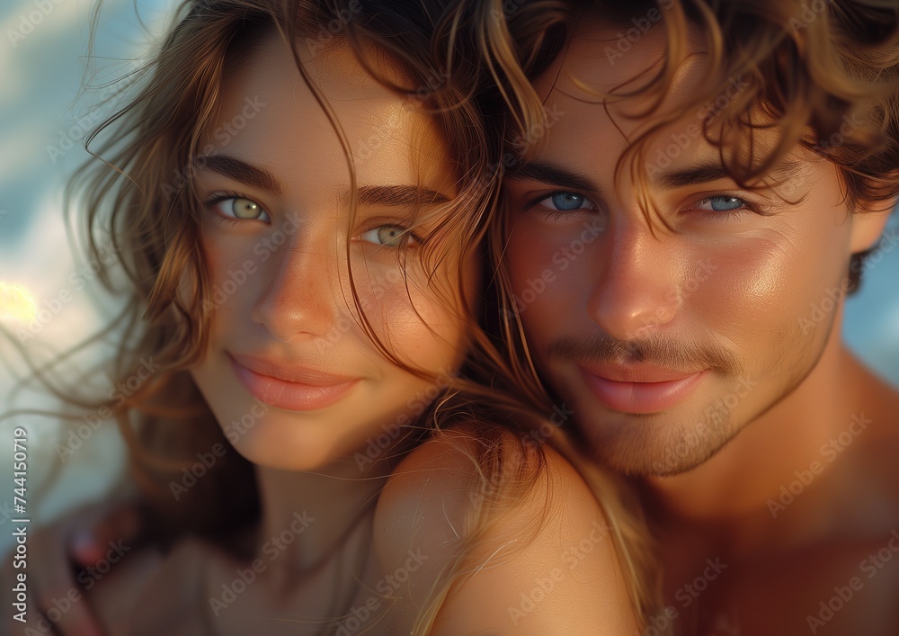 Portrait of a romantic European couple in love, smiling and hugging together in close-up.