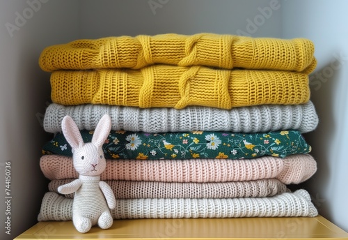 Soft textiles on the shelf  with a cute rabbit. © Elena