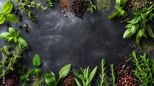 Fototapeta Naklejka Na Ścianę i Meble -  Various spices are scattered on an isolated black background as a frame