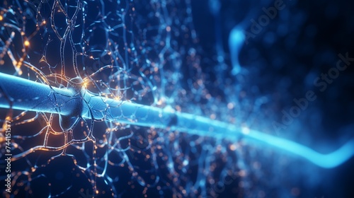 3D illustration. Artificial neuron in concept of artificial intelligence. Wall-shaped binary codes make transmission lines of pulses and/or information in an analogy to a microchip