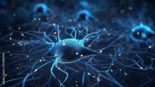 3D illustration. Artificial neuron in concept of artificial intelligence. Wall-shaped binary codes make transmission lines of pulses and/or information in an analogy to a microchip