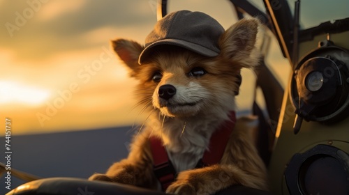 A red fox wearing a hat sitting in the drivers seat of a car. Generative AI.