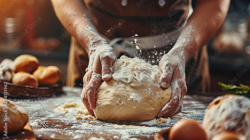 Hands kneading dough on a floured wooden surface, preparing bread