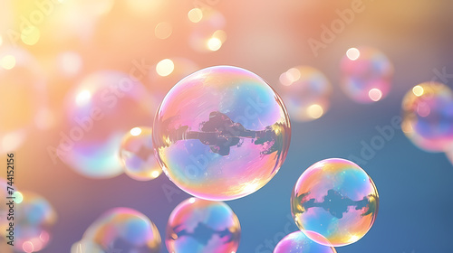 Beautiful floating soap bubbles on natural abstract multicolor background © jiejie