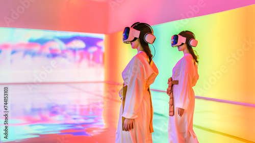 Two women experiencing virtual reality with VR headsets in a vibrant  colorful room  a futuristic and immersive tech concept.