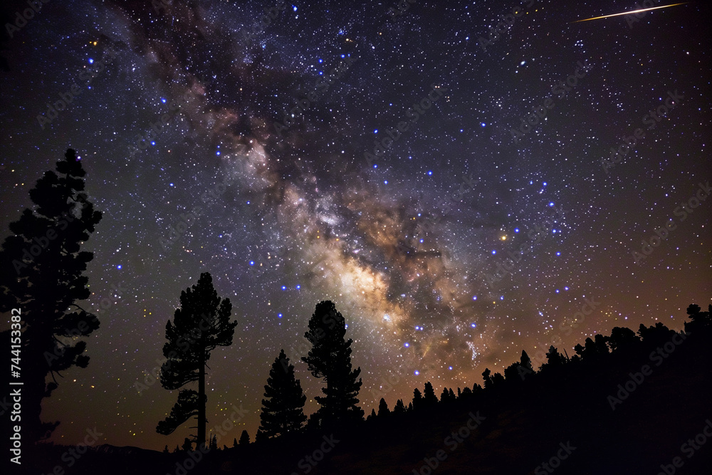 A shooting star streaks across the Milky Way with a backdrop of silhouetted pine trees under a starry night sky.