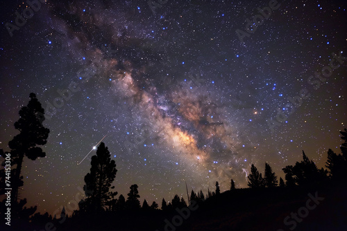 A shooting star streaks across the Milky Way with a backdrop of silhouetted pine trees under a starry night sky.