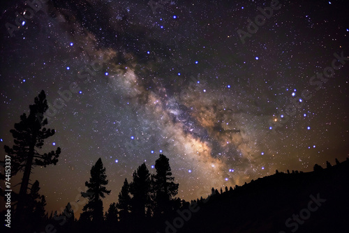 A night sky glittering with stars and the Milky Way, silhouetted by the outlines of towering trees.