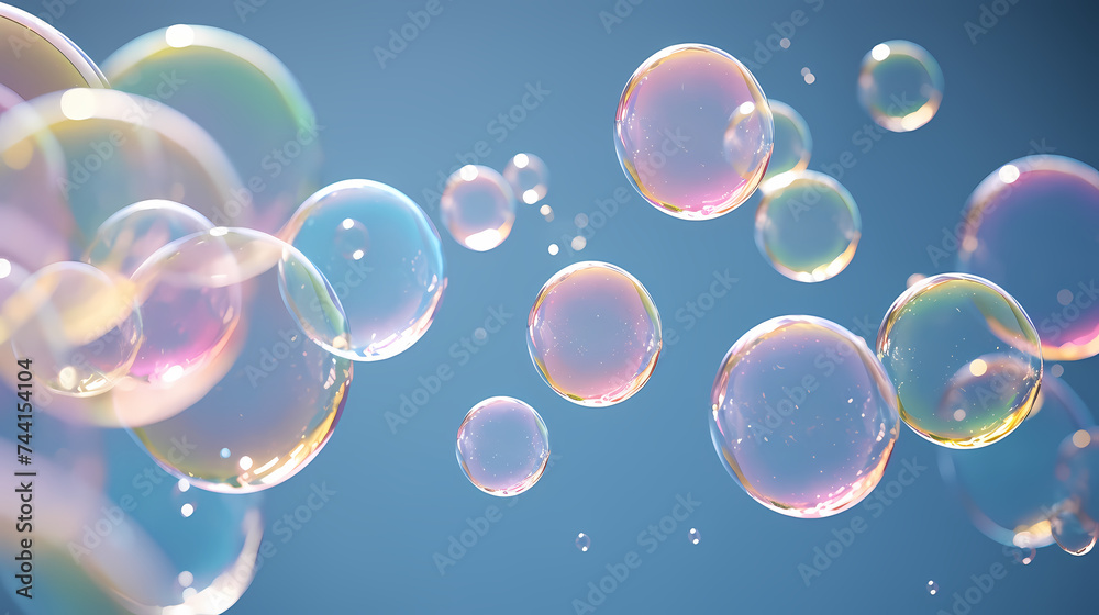 Beautiful floating soap bubbles on natural abstract multicolor background