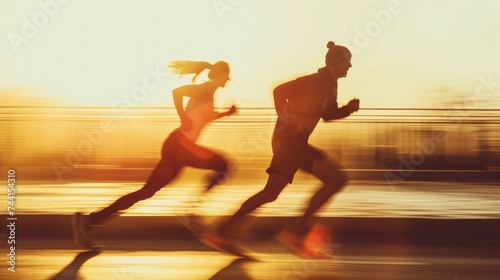 Two people running in the sunset. Generative AI.