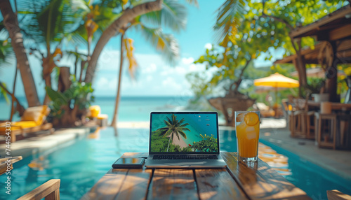 Modern laptop on wooden table in Tropic island restaurant with swimming pool. Digital nomads lifestyle, remote working, blogging,stocks trading concept image