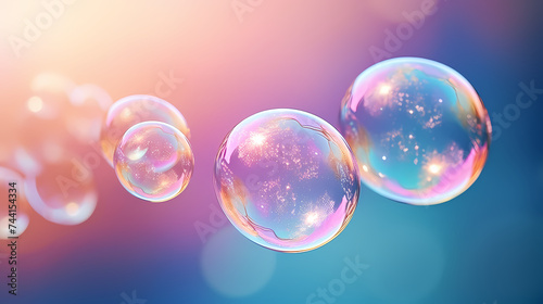 Beautiful floating soap bubbles on natural abstract multicolor background