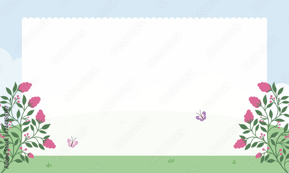 Cute kawaii floral landscape hill meadow background with butterfly framework