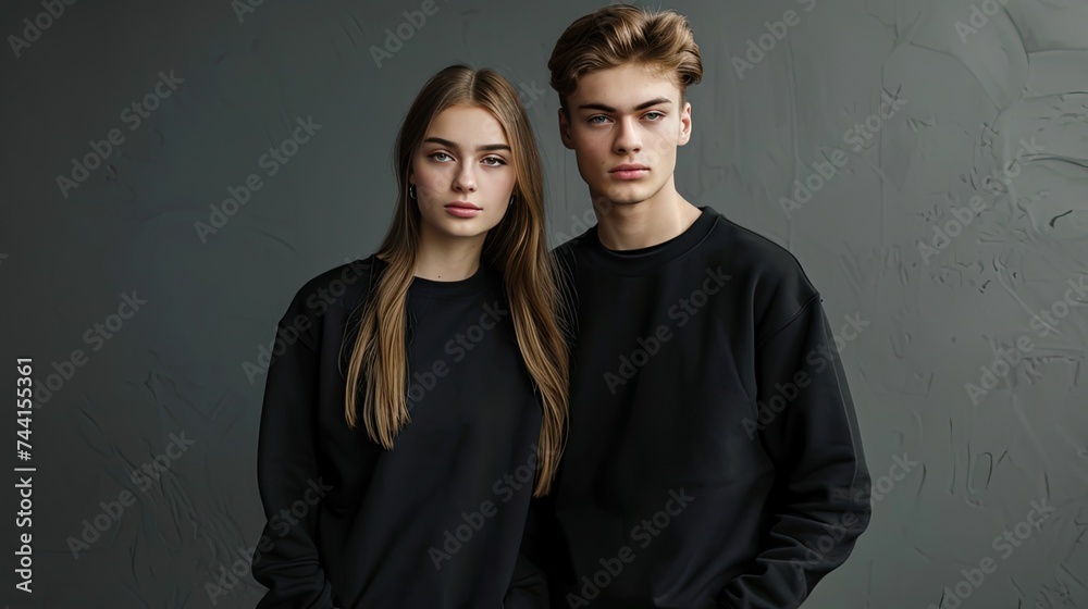 black male and female models standing side by side, black sweatshirts confident poses and stylish attire, the versatility and appeal of black clothing. black male and female models standing side by side, black sweatshirts confident poses and stylish attire, the versatility and appeal of black clothing.