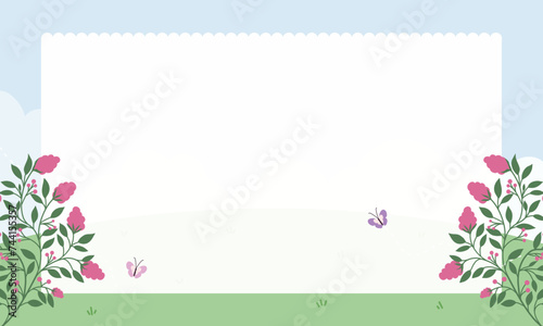 Cute kawaii floral landscape hill meadow background with butterfly framework
