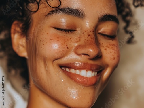 A woman with freckles on her face smiling. Generative AI.
