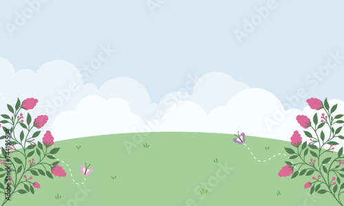 Cute kawaii floral landscape hill meadow background with butterfly