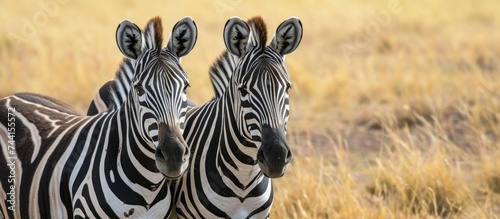 Two zebras  native to their environment  standing side by side in a grassy field.