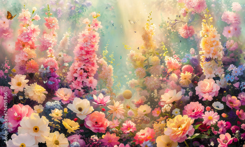 Enchanting garden scene with colorful flowers in bloom and butterflies fluttering under a soft, sunny glow.