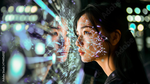 Young woman with futuristic digital graphics projected onto her face, symbolizing cutting-edge technology and innovation.