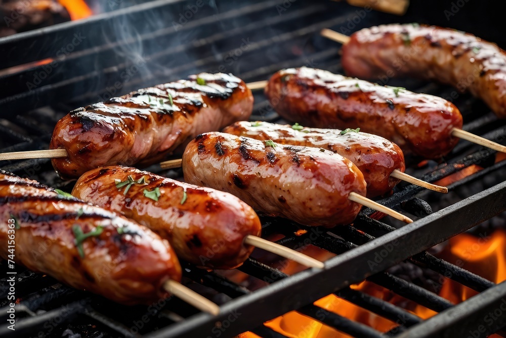BBQ with fiery sausages on the grill outdoor picnic. Outdoor BBQ featuring hot sausages