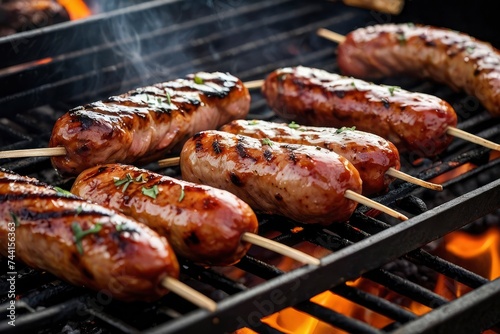 BBQ with fiery sausages on the grill outdoor picnic. Outdoor BBQ featuring hot sausages