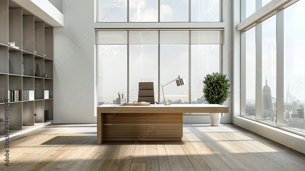 Fototapeta premium a modern office interior featuring a sleek work desk positioned near a window, the workspace, creating an atmosphere conducive to productivity and focus.