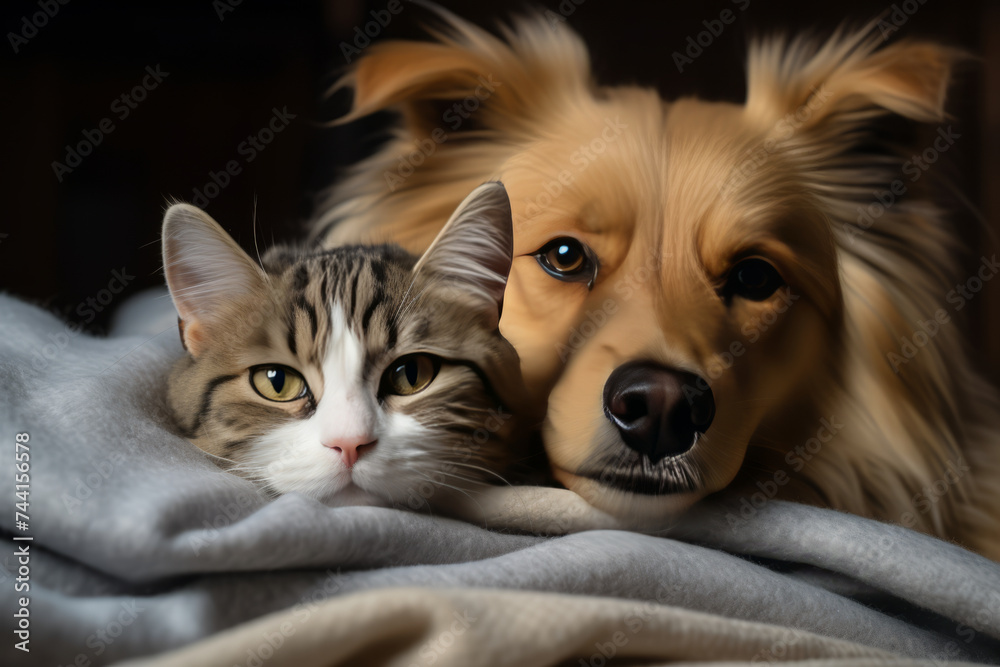 Cat and dog lying together on knitted blanket. Generative Ai
