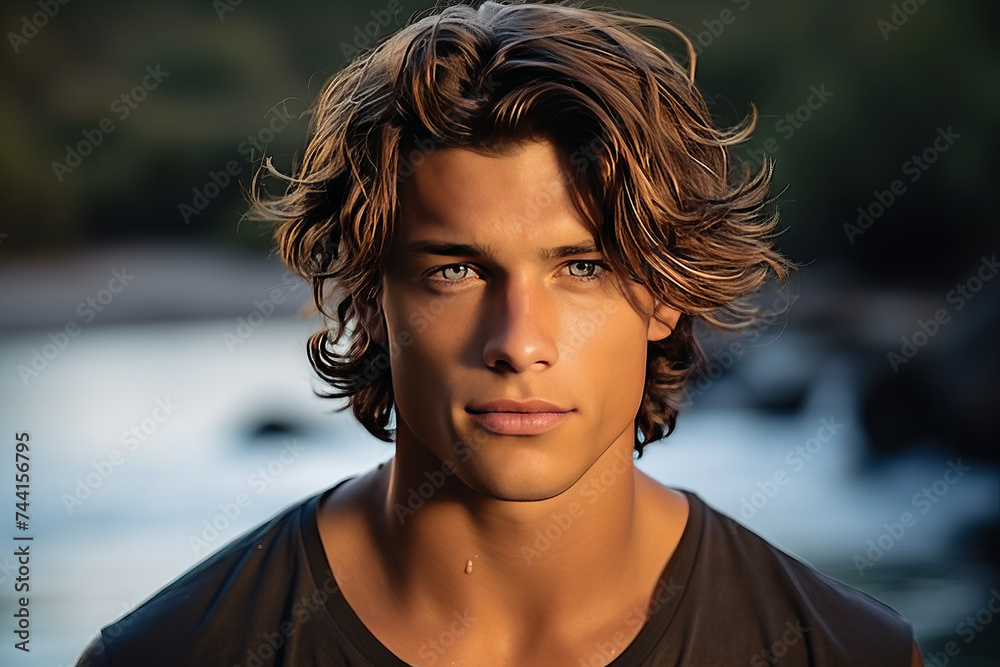 Handsome young male surfer standing on a surfboard in the middle of the sea. Generative Ai Handsome young male surfer standing on a surfboard in the middle of the sea. Generative Ai