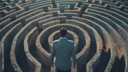 Exploring the Corporate Maze: Man Stuck in Circular Labyrinth Looking for Strategies for Leadership, Problem-solving, and Success