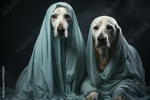 two Dogs in Ghost Costume, A curious pet Halloween fun. Generative Ai
