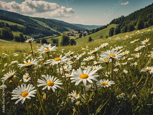 Scenic spring:summer: Blooming daisy field amidst pastoral landscape, hills rolling in countryside, alpine meadow in the mountains