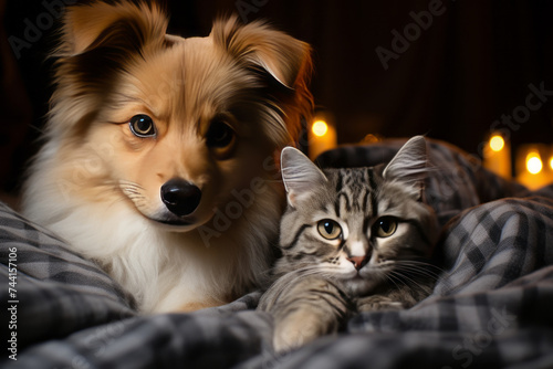 Cat and dog lying together on knitted blanket. Generative Ai