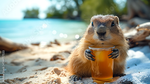 Cute marmot with a glass of juice on the beach. photo