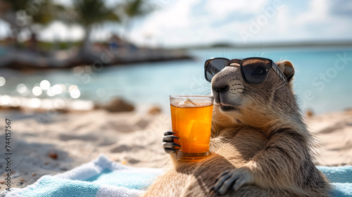 Cute marmot in a sunglasses with a glass of juice on the tropical beach.