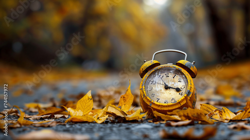 Vintage alarm clock amidst autumn leaves, perfect for educational themes or seasonal time change promotions.