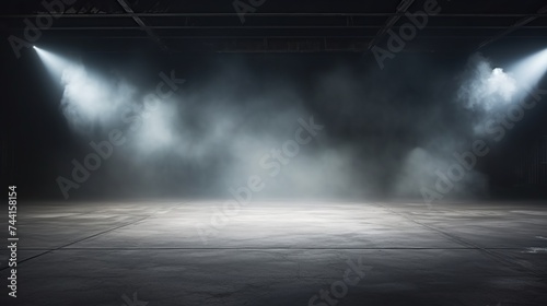 Background of empty dark room, street. Concrete floor, asphalt, neon light, smoke, spotlight