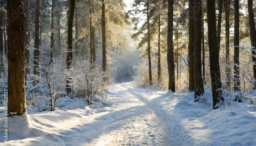 path through the forest on a sunny winter morning