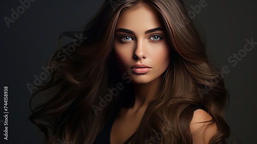 Beautiful woman with long brown hair. Closeup portrait of a fashion model posing at studio