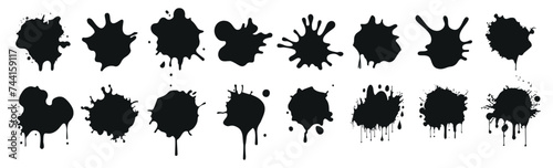 Black ink splashes and drops set. Splash of paints, spray drops staining and frame with wet paint drop vector set. Artistic dirty grunge abstract spot vector set photo