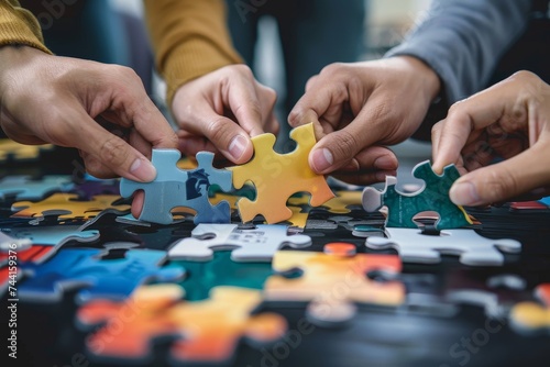 Joining together in a shared experience, a diverse group of individuals come together to piece together a challenging jigsaw puzzle on a cozy tabletop game night